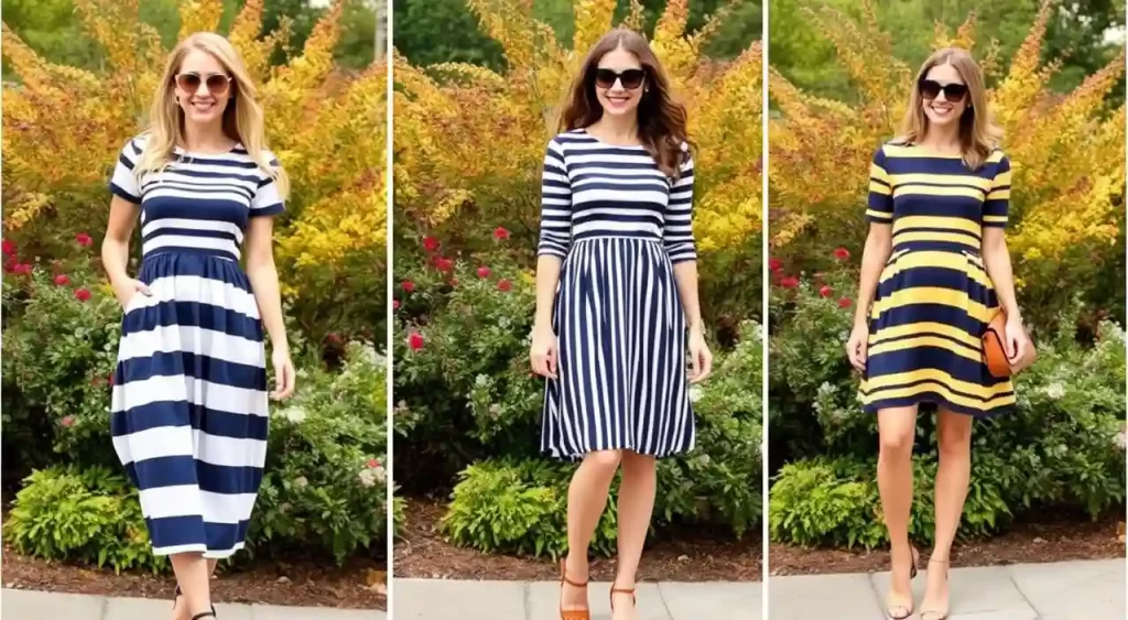 Vestido listrado looks versáteis Três mulheres sorridentes modelando vestidos listrados diferentes em ambiente externo com arbustos.