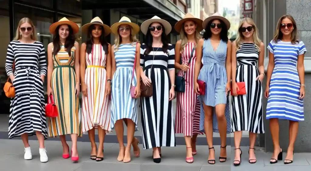 Looks com vestido listrado Grupo de mulheres estilosas com vestidos listrados e chapéus em ambiente urbano.