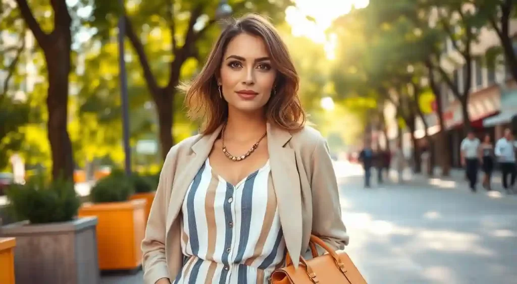 Camadas para o vestido listrado Mulher elegante com vestido listrado e blazer bege caminhando em rua ensolarada da cidade.