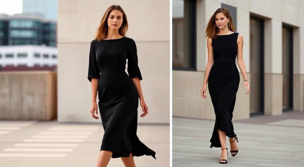 Vestido preto no dia a dia Duas mulheres elegantes em um ambiente. A mulher à esquerda veste um vestido preto com gola canoa e corte reto. A mulher à direita veste um vestido preto com decote transpassado e cintura marcada. Ambas exibem um ar sofisticado.