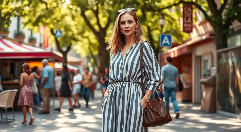 Listras que combinam com o meu estilo Mulher elegante em vestido listrado caminhando em rua movimentada da cidade com óculos de sol na cabeça.
