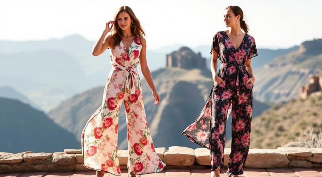 Duas mulheres sorrindo, vestindo macacões estampados florais de perna larga, com um cenário montanhoso ao fundo.