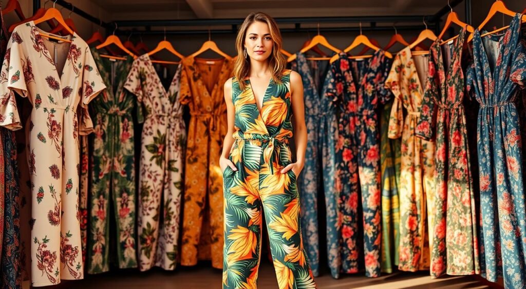  Mulher loira sorridente vestindo um macacão estampado com folhagens e flores em tons de verde e laranja, em frente a uma arara de roupas coloridas.