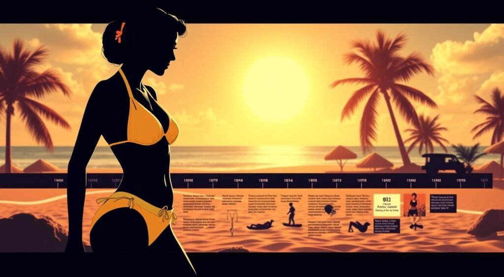 Uma silhueta escura de uma mulher usando um biquíni cortininha laranja com amarração lateral na calcinha está em primeiro plano, olhando para a esquerda. Ao fundo, um pôr do sol vibrante em tons de laranja e amarelo ilumina uma praia com palmeiras escuras silhuetadas, guarda-sóis e uma timeline gráfica com texto e pequenas ilustrações ao longo da areia. O céu tem nuvens suaves e o sol é um grande círculo brilhante.