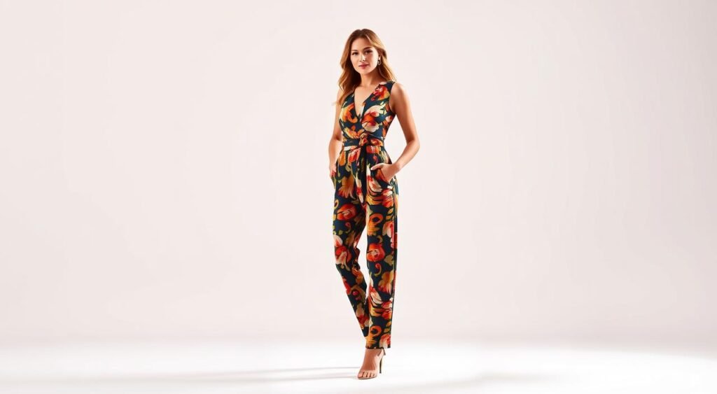  Mulher sorridente vestindo um macacão estampado tropical escuro com detalhes em vermelho e laranja, posando em fundo branco.