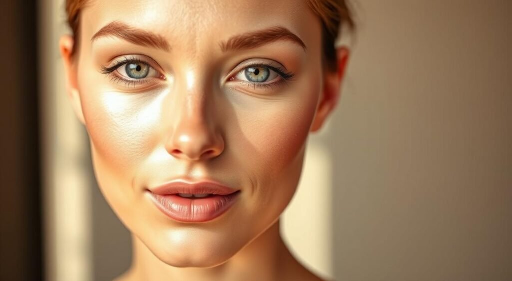 Mulher demonstrando base de maquiagem duradoura como exemplo de maquiagem que dura o dia todo, exibindo cobertura uniforme e natural na pele com acabamento luminoso, base aplicada profissionalmente criando textura lisa e impecável sem imperfeições visíveis, olhos verdes realçados com sombra neutra discreta e cílios naturalmente definidos, sobrancelhas ruivas perfeitamente modeladas seguindo formato anatômico, batom nude rosado com acabamento natural proporcionando hidratação e cor sutil aos lábios, pele com luminosidade saudável evidenciando a qualidade da base de longa duração, cabelos ruivos presos elegantemente destacando o rosto, iluminação suave criando destaque nos pontos altos do rosto, demonstrando técnicas de contorno sutil para realçar estrutura facial