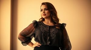 Página Inicial 9 Mulher usando blusa plus size preta com bordados dourados elaborados, mangas longas transparentes com detalhes florais bordados, gola com babados delicados, tecido fluido e elegante, posando com uma das mãos na cintura em ambiente com iluminação suave e fundo neutro bege, demonstrando estilo sofisticado e feminino para ocasiões especiais