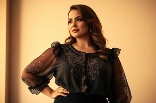 Blusas Plus Size Feminina: Dicas de Estilo, Tecidos e Modelos 1 Mulher usando blusa plus size preta com bordados dourados elaborados, mangas longas transparentes com detalhes florais bordados, gola com babados delicados, tecido fluido e elegante, posando com uma das mãos na cintura em ambiente com iluminação suave e fundo neutro bege, demonstrando estilo sofisticado e feminino para ocasiões especiais
