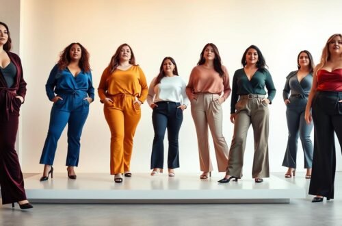 Calças Plus Size: Modelos Essenciais, Dicas de Caimento e Looks Incríveis 3 Grupo de oito modelos plus size posando em linha sobre plataforma branca em estúdio com fundo neutro, apresentando diferentes estilos de calças plus size em variadas cores e modelos. Da esquerda para direita: modelo usando conjunto de calça pantalona e blazer vinho, modelo com calça azul royal e blusa do mesmo tom, modelo vestindo conjunto laranja mostarda com calça reta e blusa, modelo com calça jeans escura e blusa branca, modelo usando calça bege clara com blusa rosé, modelo com calça wide leg bege e blusa verde militar, modelo vestindo calça preta com blusa azul acinzentada e modelo com calça pantalona preta e top vermelho. Todas as peças demonstram cortes modernos que valorizam diferentes tipos de corpo, confeccionadas em tecidos de qualidade que proporcionam caimento perfeito. O ambiente minimalista com piso reflexivo e iluminação profissional destaca as cores vibrantes e texturas dos tecidos, enquanto as poses confiantes das modelos transmitem elegância e diversidade da moda plus size contemporânea.
