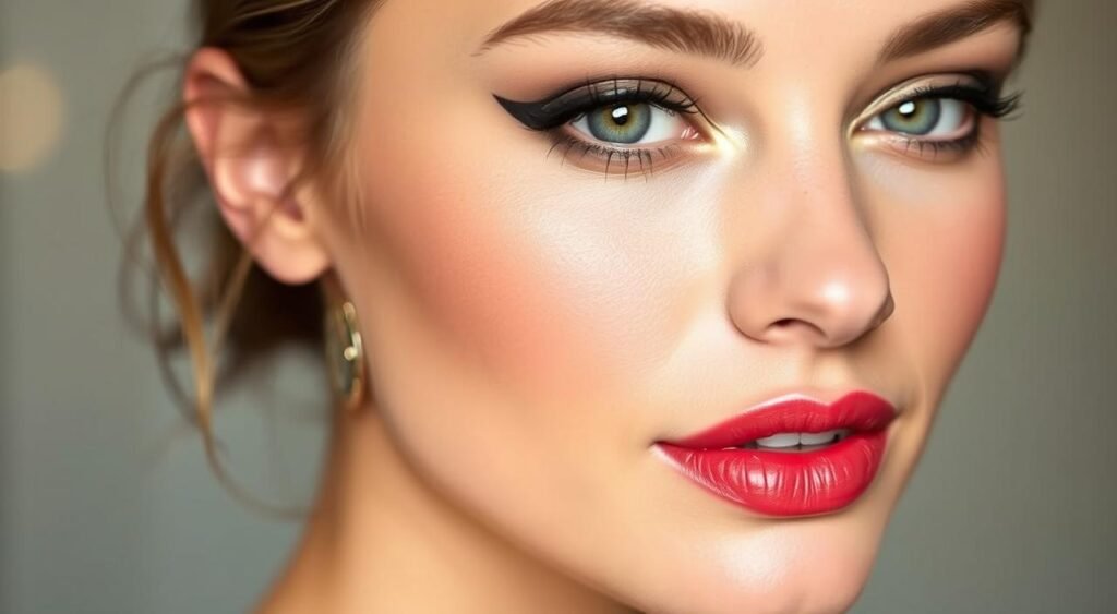 Mulher exibindo maquiagem que dura o dia todo com técnicas profissionais de fixação, mostrando delineador preto waterproof em formato gatinho aplicado com precisão sobre os olhos verdes, sombra neutra esfumada criando profundidade no olhar, cílios alongados e definidos com máscara à prova d'água, sobrancelhas modeladas em formato arqueado seguindo a anatomia facial, base de alta cobertura proporcionando acabamento natural e uniforme na pele, blush sutil nas maçãs do rosto criando luminosidade, batom vermelho intenso com textura matte resistente ao desgaste, brincos dourados delicados complementando o visual, cabelos castanhos presos em penteado elegante, iluminação suave destacando a qualidade dos produtos duradouros aplicados.