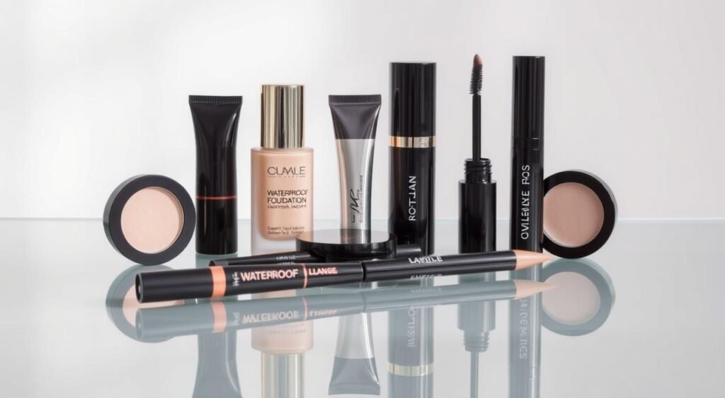Conjunto completo de maquiagem à prova d'água para maquiagem que dura o dia todo, incluindo base waterproof da marca Qumle em frasco dourado com fórmula resistente à água, primer facial em tubo preto para preparação da pele, corretivos em tubos com aplicador para cobertura duradoura, batom líquido matte em embalagem preta com detalhes dourados, máscara de cílios waterproof com escova para definição resistente, delineador preto à prova d'água em formato lápis, pós compactos em embalagens circulares pretas para fixação, lápis de olho waterproof em tons nude e marrom organizados sobre superfície reflexiva branca, todos os produtos dispostos estrategicamente mostrando tecnologia resistente ao suor e umidade