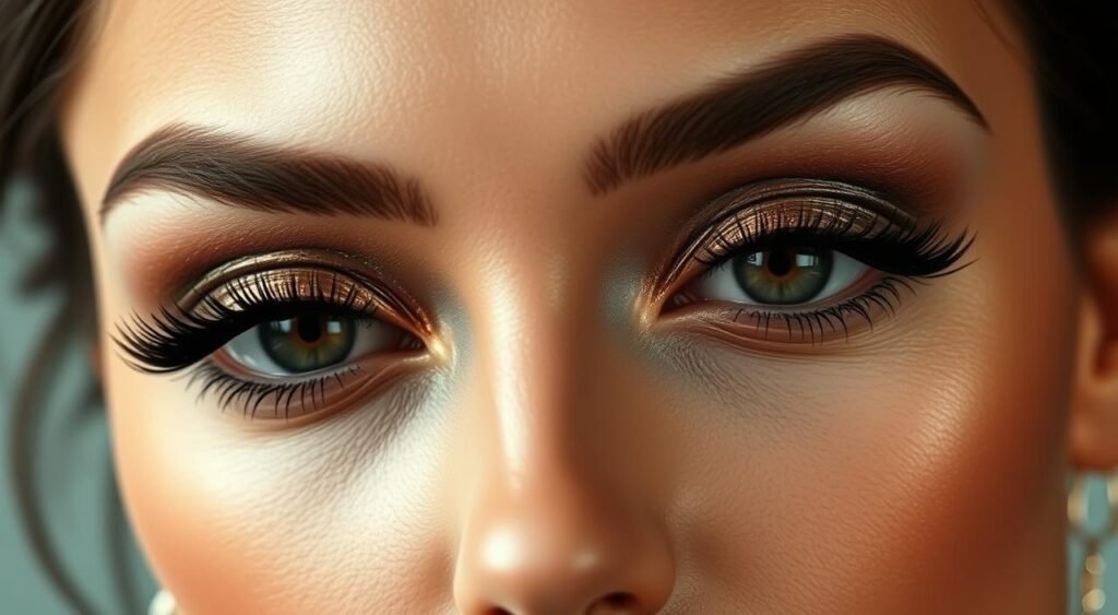 Close-up detalhado de maquiagem à prova d'água para olhos como parte de maquiagem que dura o dia todo, mostrando sombras em tons marrons e dourados aplicadas com técnica de esfumado profissional criando profundidade no olhar, delineador waterproof preto aplicado com precisão nas pálpebras superiores e inferiores realçando formato dos olhos verdes, cílios postiços ou alongados com máscara à prova d'água criando volume e curvatura extremos sem borrões, sobrancelhas perfeitamente desenhadas e fixadas com produto resistente à água, iluminador dourado aplicado no canto interno dos olhos e sob as sobrancelhas criando efeito luminoso duradouro, pele com base impecável servindo como tela para maquiagem resistente ao suor e umidade, técnicas profissionais evidenciando durabilidade máxima dos produtos waterproof