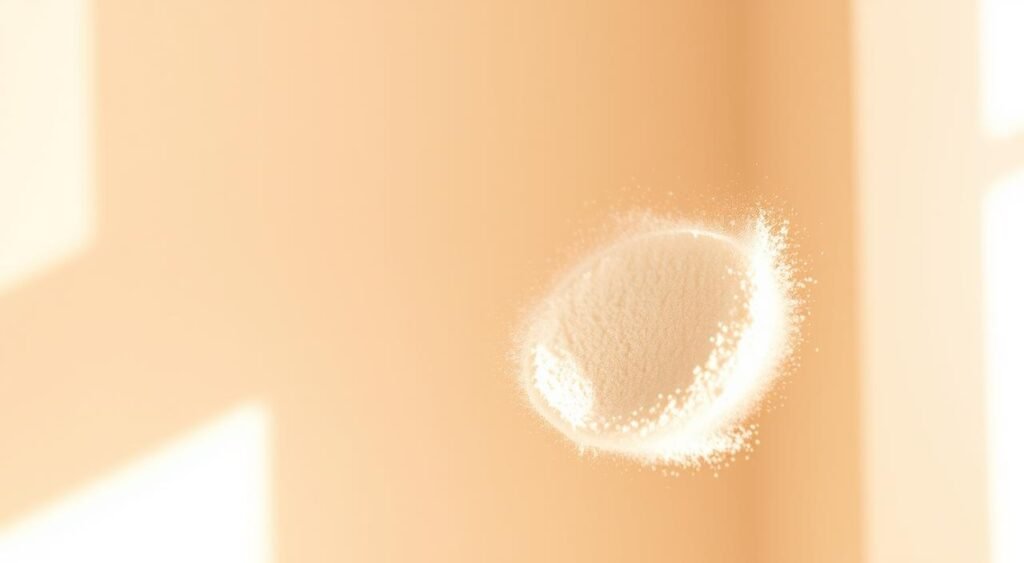 Demonstração de pó translúcido para fixação sendo aplicado na pele como técnica essencial para maquiagem que dura o dia todo, mostrando partículas finas do produto em suspensão criando efeito luminoso e sedoso sobre a pele com tom natural, aplicação realizada com movimentos suaves evidenciando a textura ultrafina do pó fixador, pele com base uniforme recebendo camada de pó translúcido para selar a maquiagem e prolongar durabilidade, partículas micronizadas do produto criando acabamento natural sem aspecto pesado ou artificial, técnica profissional de fixação demonstrando como o pó translúcido atua como barreira protetora entre a pele e fatores externos, iluminação suave destacando a aplicação correta do fixador de maquiagem, fundo desfocado em tons neutros realçando o processo de selagem dos produtos cosméticos.