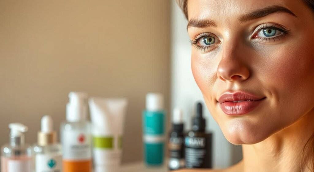 Mulher mostrando resultado de maquiagem que dura o dia todo aplicada com produtos profissionais visíveis ao fundo, demonstrando pele com base natural e uniforme de longa duração, olhos azuis destacados com cílios definidos usando máscara waterproof, sobrancelhas castanhas perfeitamente modeladas e fixadas, batom nude rosado com acabamento duradouro nos lábios, ao fundo diversos produtos cosméticos incluindo frascos de primer, base líquida, pó translúcido, setting spray em frasco azul, corretivos e produtos de fixação organizados sobre bancada, iluminação natural realçando a qualidade da maquiagem resistente ao desgaste, ambiente profissional de aplicação evidenciando técnicas especializadas para durabilidade máxima dos cosméticos