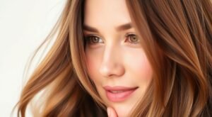 Página Inicial 6 Mulher jovem exibindo resultado de rotina capilar bem-sucedida com cabelos longos e ondulados em tons castanho claro e loiro mel. Os fios apresentam brilho natural intenso, textura sedosa e movimento fluido que emolduram delicadamente o rosto. O cabelo demonstra saúde capilar evidente através do alinhamento das cutículas, ausência de frizz e reflexos luminosos uniformes. A coloração multidimensional revela técnica de luzes profissional que valoriza a estrutura dos fios. Os olhos castanhos claros e a pele radiante complementam o visual, evidenciando cuidados integrados de beleza. A expressão serena e o sorriso sutil transmitem confiança resultante de uma rotina capilar consistente com produtos adequados para hidratação, nutrição e proteção dos fios.