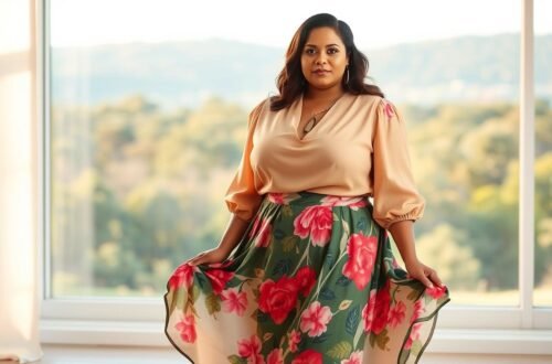 Saias Plus Size: Como Usar, Combinar e Criar Looks Deslumbrantes 2 Mulher usando saia plus size evasê com estampa floral em tons de rosa e vermelho sobre fundo verde escuro, combinada com blusa lisa na cor pêssego. A saia possui modelagem midi com caimento fluido e movimento natural, confeccionada em tecido leve que valoriza a silhueta plus size. A estampa apresenta flores grandes e delicadas distribuídas harmoniosamente por toda a peça, criando um visual romântico e elegante. A modelo está posicionada próxima a uma grande janela com vista para paisagem natural, com iluminação suave que realça as cores vibrantes da estampa floral. O look é complementado por acessórios discretos como colar e brincos, criando um conjunto sofisticado e moderno. A saia plus size apresenta comprimento midi que alonga a silhueta, com cintura marcada que define o corpo de forma lisonjeira. O tecido fluido permite movimento gracioso, sendo perfeita para ocasiões especiais e uso cotidiano.