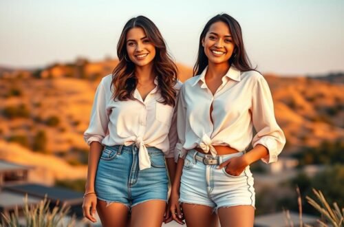 Duas jovens mulheres sorrindo posando lado a lado ao ar livre durante o pôr do sol, ambas vestindo camisas brancas de mangas compridas amarradas na cintura e shorts jeans hot pants azuis de diferentes tonalidades. A mulher da esquerda usa um short jeans escuro de cintura alta, enquanto a da direita veste um short jeans claro também de cintura alta. Ambas têm cabelos longos castanhos e sorrisos radiantes. O cenário de fundo mostra uma paisagem com morros e vegetação em tons dourados devido à luz natural do entardecer. A composição transmite um estilo casual e descontraído, destacando as peças de vestuário feminino jovem.