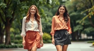 Página Inicial 7 Duas mulheres jovens caminhando lado a lado em um parque arborizado, usando looks elegantes e modernos. A mulher da esquerda veste uma blusa branca de mangas longas com punhos franzidos e uma saia curta terracota com amarração lateral e fenda frontal, complementando o visual com cabelos castanhos ondulados. A mulher da direita usa uma blusa coral de mangas longas e uma saia preta de couro sintético ou material similar, com cabelos escuros lisos e longos. Ambas exibem sorrisos naturais e postura confiante, demonstrando diferentes estilos de short saia feminino em um ambiente natural com vegetação exuberante ao fundo, criando uma atmosfera casual e sofisticada.