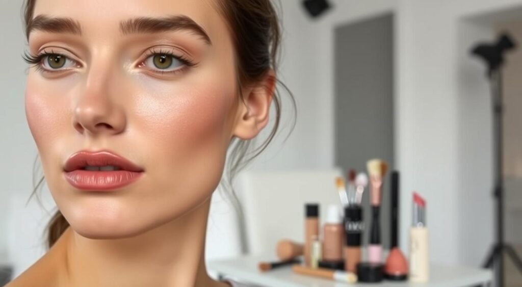 Mulher demonstrando técnicas para maquiagem durar mais como exemplo perfeito de maquiagem que dura o dia todo, exibindo base natural aplicada com técnica profissional de camadas finas para maior aderência, olhos verdes com sombra neutra esfumada usando primer para prolongar fixação, cílios definidos com máscara waterproof resistente ao desgaste, sobrancelhas castanhas modeladas e fixadas com gel transparente para durabilidade, batom rosado aplicado sobre lápis de boca para evitar desbotamento, blush sutil nas maçãs do rosto selado com pó translúcido, pele preparada com hidratante e primer facial criando base perfeita para aderência dos produtos, ao fundo espelho iluminado e produtos organizados evidenciando ambiente profissional, cabelos presos mostrando técnicas completas de preparação e aplicação para máxima durabilidade