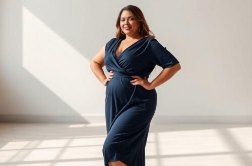 Vestidos Plus Size: Tendências, Dicas de Estilo e Onde Comprar 4 Modelo feminina plus size posando com confiança em ambiente minimalista, vestindo elegante vestido azul marinho com decote em V e manga três quartos. A peça possui modelagem transpassada que valoriza as curvas naturais do corpo, com tecido fluido que proporciona movimento e conforto. A modelo está em posição de três quartos, com uma das mãos apoiada no quadril e expressão sorridente, demonstrando segurança e bem-estar. O cenário apresenta parede neutra em tons claros com jogo de luz natural criando sombras geométricas no chão, proporcionando contraste sofisticado que destaca a silhueta da vestimenta. A iluminação natural realça a textura do tecido e cria uma atmosfera moderna e profissional.