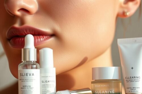 Como Tratar Acne: Guia Completo com Produtos e Ingredientes Eficazes 1 Close-up do rosto feminino exibindo pele radiante e lábios vermelhos bem definidos, acompanhado de coleção premium de cosméticos anti-idade incluindo sérum facial transparente da marca Slieva em frasco conta-gotas com rótulo branco, produto Sleathing em embalagem cilíndrica branca, creme hidratante dourado Sleanine em pote elegante com tampa prateada e gel de limpeza Clearing em tubo branco minimalista, todos organizados sobre superfície neutra com iluminação cinematográfica que cria gradientes suaves e destaca a textura sofisticada dos produtos dermatológicos formulados para rejuvenescimento e cuidados faciais avançados.
