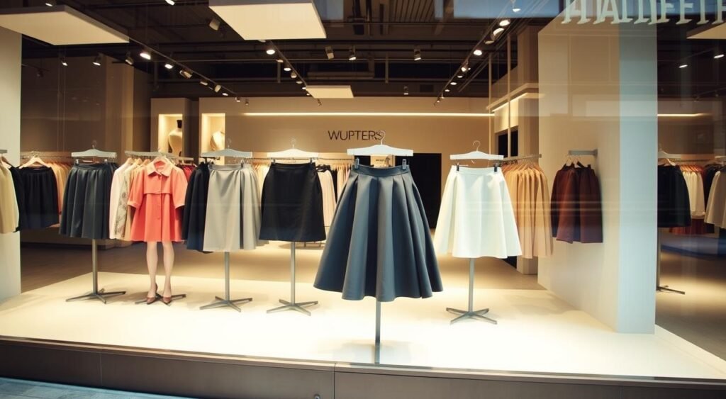 Short Saia Feminino Vitrine Vitrine de loja de moda moderna exibindo coleção de short saia feminino em diferentes cores e estilos, destacando três modelos principais em manequins centrais. O short saia feminino azul marinho ocupa a posição central com modelagem evasê e cintura alta, ladeado por um short saia feminino branco de corte reto e outro em tom nude com caimento estruturado. A vitrine apresenta iluminação profissional com spots direcionados e fundo neutro em tons bege, criando um ambiente sofisticado que valoriza cada peça. Nas laterais, araras organizadas exibem uma variedade de roupas incluindo blusas coloridas, casacos e outros modelos de short saia feminino em tons variados como coral, cinza, preto e bege. O ambiente da loja conta com teto industrial pintado de preto contrastando com o piso claro, enquanto a sinalização da marca aparece discretamente ao fundo. A disposição estratégica dos short saia feminino na vitrine demonstra diferentes possibilidades de uso e combinações, desde looks casuais até mais elaborados, evidenciando a versatilidade da peça no guarda-roupa feminino contemporâneo.