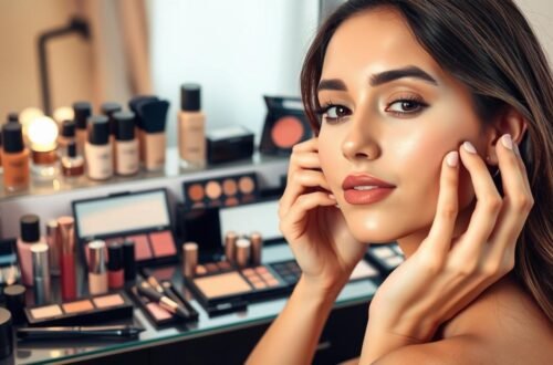 Maquiagem para Iniciantes: Kit Básico e Primeira Make 1 Mulher com maquiagem para iniciantes finalizada mostrando resultado profissional obtido através de técnicas básicas. Rosto feminino exibe aplicação impecável de maquiagem para iniciantes com base uniforme, sombra neutra bem esfumada, cílios definidos e lábios em tom coral suave. Mãos delicadamente posicionadas ao redor do rosto evidenciam confiança alcançada após dominar maquiagem para iniciantes. Ao fundo, penteadeira profissional com espelho iluminado por lâmpadas de LED e variedade completa de produtos cosméticos organizados, incluindo paletas de sombras, bases líquidas, blush compacto e batons em diferentes tonalidades. Ambiente sofisticado de beleza demonstra que maquiagem para iniciantes pode ser aprendida em casa com produtos acessíveis. Iluminação cinematográfica realça textura natural da pele e acabamento sedoso obtido com técnicas simples de maquiagem para iniciantes.