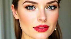 Página Inicial 12 Mulher jovem com maquiagem que dura o dia todo aplicada de forma impecável, apresentando base uniforme e natural, olhos com delineador preto bem definido realçando o olhar azul, cílios alongados e curvados, sobrancelhas perfeitamente desenhadas seguindo o formato natural, batom vermelho vibrante nos lábios com acabamento matte duradouro, pele luminosa sem imperfeições visíveis, cabelos castanhos lisos penteados para trás evidenciando o rosto, fundo neutro desfocado que destaca a técnica de maquiagem profissional resistente ao longo das horas