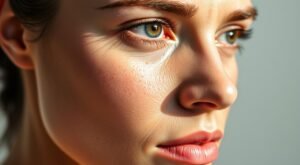 Página Inicial 1 Jovem de cabelos castanhos com pele oleosa apresentando brilho característico na zona T, especialmente visível na testa e nariz. Seus olhos castanhos esverdeados são realçados por cílios longos e sobrancelhas bem definidas. A pele reflete a luz natural, evidenciando a textura oleosa típica deste tipo de pele. Usa batom coral que contrasta suavemente com o tom da pele. A imagem mostra detalhes da oleosidade natural, com poros ligeiramente dilatados e o aspecto lustroso característico da pele oleosa, principalmente na região central do rosto. O cabelo está preso, revelando completamente o formato oval do rosto e permitindo visualizar claramente as características da pele oleosa em diferentes áreas faciais.