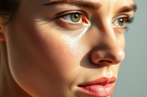 Jovem de cabelos castanhos com pele oleosa apresentando brilho característico na zona T, especialmente visível na testa e nariz. Seus olhos castanhos esverdeados são realçados por cílios longos e sobrancelhas bem definidas. A pele reflete a luz natural, evidenciando a textura oleosa típica deste tipo de pele. Usa batom coral que contrasta suavemente com o tom da pele. A imagem mostra detalhes da oleosidade natural, com poros ligeiramente dilatados e o aspecto lustroso característico da pele oleosa, principalmente na região central do rosto. O cabelo está preso, revelando completamente o formato oval do rosto e permitindo visualizar claramente as características da pele oleosa em diferentes áreas faciais.