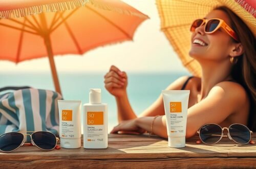 Jovem mulher relaxa sob guarda-sol laranja vibrante usando óculos de sol dourados e chapéu de palha com franjas coloridas, exibindo sorriso radiante enquanto aproveita momento de descanso. Na mesa de madeira à frente, três produtos de proteção solar FPS 30 estão dispostos estrategicamente: dois frascos brancos com rótulos laranjas e um tubo compacto, todos da linha Sunscreen. Dois pares de óculos escuros com armações diferentes complementam a composição, enquanto toalha listrada azul e branca adiciona toque náutico ao cenário. O ambiente ensolarado destaca a importância da fotoproteção adequada, com produtos posicionados sobre superfície de madeira natural que reflete a luz dourada do sol.