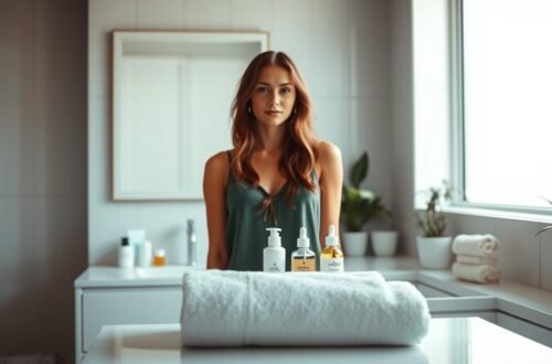 Uma mulher jovem com cabelos castanhos longos está em um banheiro moderno, olhando diretamente para a frente. Ela está posicionada atrás de uma bancada branca onde três frascos de produtos de skincare com bombas dispensadoras estão alinhados em primeiro plano, sobre uma toalha branca dobrada. Ao fundo, um espelho retangular reflete o ambiente, e à direita, uma janela alta com luz natural e plantas verdes em vasos complementam o cenário.
