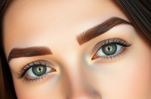 Rosto feminino em ângulo ascendente mostrando par de sobrancelhas perfeitamente simétricas com design profissional e formato arqueado natural. Ambas as sobrancelhas apresentam espessura uniforme, curvatura idêntica e fios castanhos bem alinhados, demonstrando resultado impecável de uma sobrancelha perfeita bilateral. Os olhos azuis esverdeados são emoldurados harmoniosamente pelas sobrancelhas modeladas, enquanto os cílios longos e curvados complementam o conjunto. A simetria perfeita entre as duas sobrancelhas evidencia técnica profissional de medição e design, com pontos de início, arco e finalização perfeitamente proporcionais. A pele luminosa e uniforme destaca ainda mais a precisão do trabalho, mostrando como uma sobrancelha perfeita simétrica transforma completamente a expressão facial e valoriza os traços naturais.