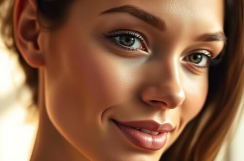 Jovem de olhos verdes captivantes demonstra os benefícios de uma rotina de skincare enriquecida com vitamina C, exibindo pele impecavelmente lisa, uniforme e com luminosidade natural. Seus cílios longos e curvados emolduram olhos expressivos, enquanto as sobrancelhas bem definidas complementam o olhar penetrante. A pele apresenta textura aveludada e tom dourado uniforme, livre de imperfeições, refletindo os cuidados consistentes com antioxidantes. Os lábios rosados possuem hidratação natural e brilho sutil, harmonizando com o cabelo castanho liso que contorna delicadamente o rosto. A iluminação suave realça cada detalhe da pele bem cuidada, evidenciando a eficácia dos tratamentos faciais com vitamina C.
