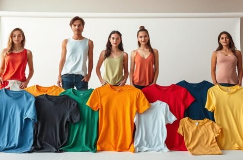 Blusas T-shirts e Regatas Femininas: Looks Incríveis 1 Cinco pessoas jovens, incluindo um homem, posando atrás de uma exposição variada de blusas t-shirts e regatas femininas organizadas sobre uma mesa, mostrando uma ampla gama de cores vibrantes incluindo azul, preto, verde, laranja, branco, vermelho, azul marinho e amarelo. As modelos vestem diferentes estilos de blusas t-shirts e regatas femininas, incluindo regata vermelha lisa, regata azul claro básica, regata verde lima com alças finas, regata laranja com decote em V e regata rosa com corte clássico. As peças demonstram diversos cortes desde o modelo básico até versões com decotes diferenciados, todas em tecidos aparentemente macios e confortáveis. O ambiente possui fundo neutro com parede branca, criando destaque para a variedade de cores das blusas t-shirts e regatas femininas expostas, evidenciando a versatilidade dessas peças fundamentais no guarda-roupa.