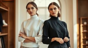 Página Inicial 2 Duas mulheres jovens posando lado a lado em ambiente interno moderno, uma vestindo blusa de gola alta feminina branca com mangas longas e corte amplo no torso, a outra usando blusa de gola alta feminina preta com botões frontais e ajuste mais estruturado ao corpo. Ambas com cabelos castanhos presos, usando brincos delicados, em pé com postura elegante e confiante. O cenário apresenta estantes de madeira, iluminação natural suave vinda de uma janela ao fundo, criando uma atmosfera sofisticada que realça o estilo das blusas de gola alta feminina em tons contrastantes preto e branco.