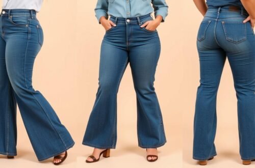 Calça Jeans Flare de Cintura Alta: O Poder dos Anos 70 no Seu Guarda-Roupa 1 Trio de modelos apresentando calça jeans flare de cintura alta em tom azul médio sobre fundo bege neutro. A primeira modelo, vista de perfil, usa camiseta branca e demonstra o caimento alongado da calça jeans flare com barra ampla que se estende até o chão, complementada por sandálias marrons de salto. A modelo central, em pose frontal, veste camisa jeans clara e exibe a modelagem de cintura alta da calça flare com as mãos nos bolsos, usando sandálias de salto bloco marrom. A terceira modelo, fotografada de costas, revela o ajuste perfeito da calça jeans flare de cintura alta na região do quadril e a silhueta evasê característica, finalizando o look com sandálias similares. O conjunto destaca a versatilidade e elegância atemporal da calça jeans flare.
