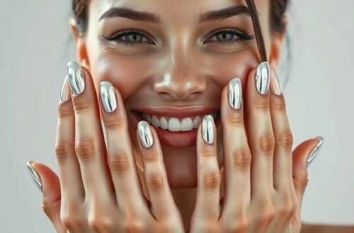 Jovem mulher com expressão alegre e olhos verdes posicionando delicadamente ambas as mãos ao redor do rosto, exibindo suas unhas cromadas com acabamento prateado metálico de alta qualidade, cada unha apresentando reflexo espelhado uniforme e brilho intenso característico da técnica chrome nails profissional, demonstrando o resultado impecável da nail art cromada sobre fundo neutro que realça o efeito metálico das unhas