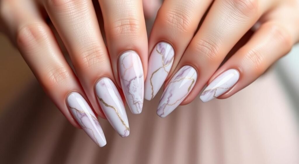 Combinações de cores para unhas mármore Mãos femininas exibindo marble nails em formato coffin com design delicado em tons de branco, lilás e detalhes dourados. As unhas alongadas apresentam técnica de marmorização sofisticada com veios suaves que imitam mármore natural em tonalidades pastéis. Cada unha de mármore possui padrões únicos com transições suaves entre o branco puro e o lilás claro, complementados por finos veios dourados que adicionam elegância ao conjunto. O formato coffin das marble nails cria uma silhueta moderna e alongada, enquanto o acabamento brilhante realça a delicadeza dos tons pastéis. A nail art demonstra perfeita execução da técnica de marmorização com resultado harmonioso e feminino.