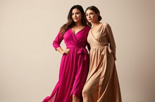 Duas modelos posam elegantemente em estúdio com fundo neutro, apresentando vestidos envelope em cores vibrantes que destacam a versatilidade deste estilo clássico. A modelo à esquerda usa um vestido envelope pink fucsia de mangas três quartos, com decote em V envolvente que se cruza no busto e amarração lateral na cintura, criando uma silhueta feminina e sofisticada. Seus cabelos longos e ondulados em tom castanho complementam o look vibrante. À direita, a segunda modelo exibe um vestido envelope nude bege com mangas longas e fenda lateral discreta, demonstrando a elegância atemporal deste corte. Seu cabelo está penteado de forma mais lisa e estruturada. Ambos os vestidos envelope apresentam o característico corte transpassado que valoriza diferentes tipos de corpo, com tecido fluido que se move naturalmente e cintura marcada pela amarração, evidenciando por que o vestido envelope é considerado uma peça fundamental no guarda-roupa feminino para ocasiões formais e casuais.