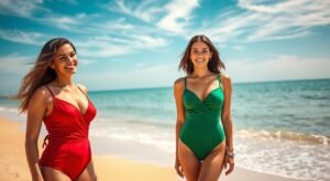 Página Inicial 8 Duas mulheres jovens, com sorrisos radiantes, posam para a foto em uma praia ensolarada. A mulher à esquerda veste um maiô clássico vermelho de alças finas e decote em V, com um laço na lateral. A mulher à direita veste um maiô similar na cor verde-esmeralda. Ambas têm o cabelo solto e estão em pé na areia, com o mar calmo e o céu azul com nuvens brancas ao fundo, criando um cenário de tranquilidade.