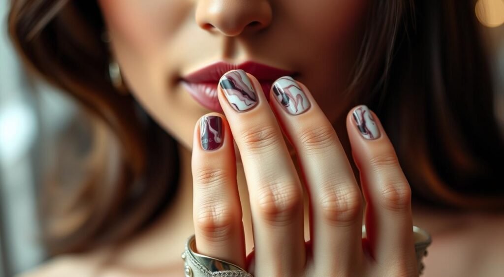 Padrão artístico marmorizado Mulher jovem com cabelos castanhos escuros posicionando delicadamente a mão próxima ao rosto exibindo suas unhas de mármore com padrão artístico sofisticado em tons de branco, cinza e bordô, cada unha apresentando veios naturais únicos que imitam perfeitamente a textura do mármore natural, demonstrando a técnica refinada de marble nails aplicada profissionalmente em formato oval curto, com batom bordô combinando harmoniosamente com os tons das unhas marmorizadas, criando visual elegante e contemporâneo contra fundo desfocado suave