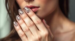 Página Inicial 10 Closeup de uma mulher jovem com lábios vermelhos posicionando elegantemente seus dedos próximos ao rosto, exibindo marble nails com design sofisticado. As unhas apresentam efeito marmorizado em tons neutros de branco e marrom, criando veios naturais que imitam a textura do mármore. O acabamento brilhante das unhas de mármore destaca os detalhes artísticos da nail art, enquanto a pose delicada da mão enfatiza a beleza e refinamento da manicure. A técnica de marble nails transforma cada unha em uma pequena obra de arte única, com padrões orgânicos que variam sutilmente entre os dedos.