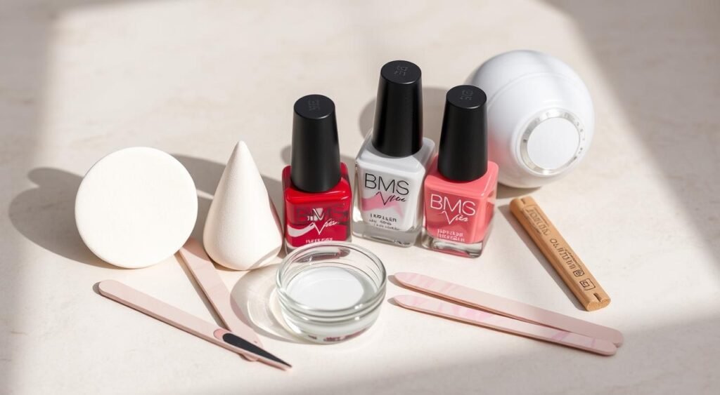 Materiais para unhas de mármore Kit completo de materiais para marble nails disposto sobre superfície branca, incluindo esmaltes da marca BMS em cores vermelho, branco e rosa coral, essenciais para criar o efeito marmorizado. O conjunto apresenta recipiente de vidro com água para a técnica de marble nails, esponja makeup branca em formato cônico, palitos de madeira para manipular os esmaltes na água, lixas de unha rosadas, removedor de esmalte transparente e outros acessórios profissionais. A organização dos produtos demonstra o passo a passo necessário para executar a técnica de unhas de mármore, desde a preparação das unhas até a aplicação final do design marmorizado.