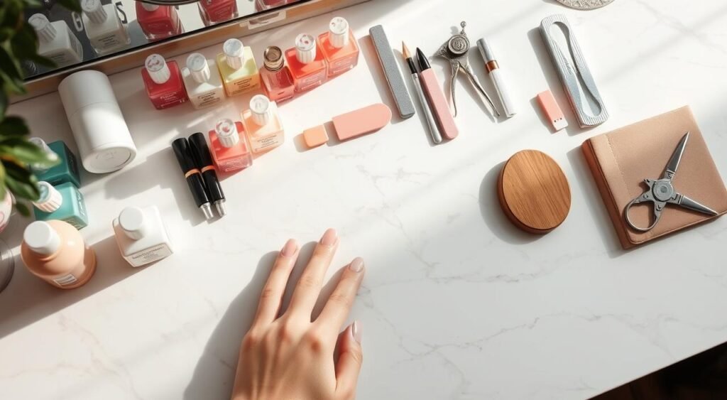 Preparação para Unhas de Mármore
Bancada profissional de nail art organizada para marble nails com mão feminina posicionada sobre superfície branca limpa. O workspace inclui coleção extensa de esmaltes em tons coral, rosa, laranja e neutros dispostos sistematicamente, lixas profissionais, alicates de cutícula, pincéis especializados, lâmpada UV branca cilíndrica e diversos acessórios para manicure. A organização meticulosa dos produtos demonstra um ambiente preparado para técnicas avançadas de marble nails, com ferramentas específicas para nail art posicionadas estrategicamente. O espelho reflete parte da coleção de esmaltes, ampliando visualmente o espaço de trabalho dedicado à criação de unhas de mármore profissionais.