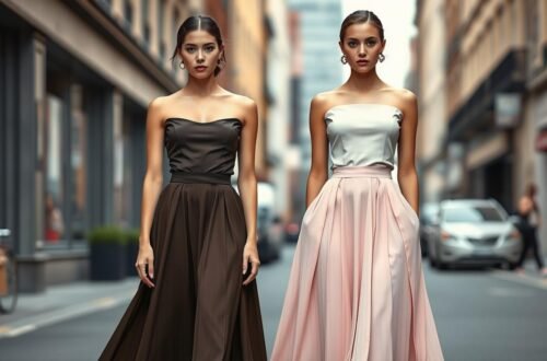 Saia Reta Moderna: A Peça Versátil que Você Precisa no Guarda-Roupa 2 Duas modelos elegantes posam no centro de rua urbana movimentada com arquitetura clássica de prédios altos em tons neutros ao fundo. A primeira modelo exibe look monocromático sofisticado com top tomara-que-caia preto de acabamento acetinado combinado harmoniosamente com saia reta longa em tom marrom chocolate que se estende até os tornozelos, criando silhueta alongada e refinada. A segunda modelo apresenta contraste elegante usando bustier prateado metalizado de corte reto pareado com saia reta rosa blush em tecido fluido que mantém caimento estruturado e formal. Ambas usam cabelos presos em coques baixos impecáveis, brincos statement delicados e postura confiante que realça a versatilidade da saia reta como peça chave para composições urbanas sofisticadas. O cenário metropolitano inclui fachadas comerciais, veículos estacionados, pedestres ao fundo e iluminação natural suave que destaca os diferentes tecidos e texturas da saia reta em combinações formais para eventos especiais na cidade.