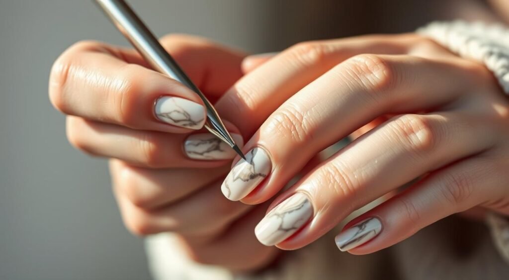 Técnica de unhas de mármore Demonstração prática da técnica de marble nails sendo executada com pincel fino de nail art sobre unha branca com efeito marmorizado. A profissional segura uma ferramenta de precisão metálica para criar veios detalhados que imitam mármore natural, trabalhando sobre base já preparada com tons de branco e cinza. O processo mostra a aplicação manual dos veios característicos das marble nails, com movimentos delicados que formam padrões orgânicos únicos. As outras unhas já finalizadas exibem o resultado da técnica, apresentando diferentes variações do efeito marmorizado. A luz natural ilumina o trabalho detalhado, destacando a precisão necessária para criar marble nails profissionais com acabamento realista.