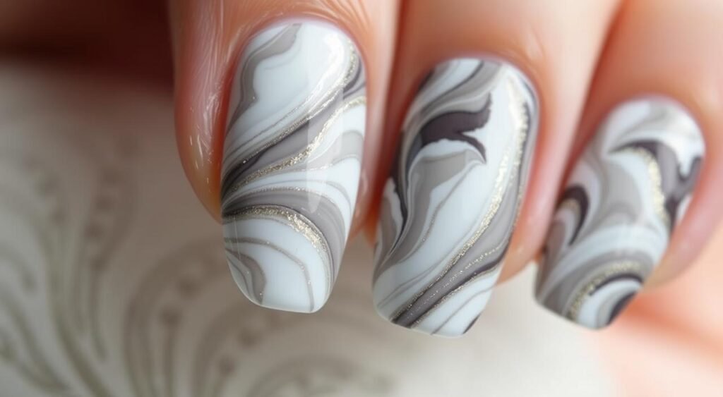 Técnicas de Unhas Marmorizadas
Closeup detalhado de marble nails executadas em tons de cinza, branco e prata com acabamento sofisticado. As unhas apresentam técnica de marmorização refinada com veios fluidos que criam padrões orgânicos únicos em cada dedo. Os tons neutros das marble nails variam do branco puro ao cinza escuro, com detalhes em prata que adicionam brilho sutil ao design. A nail art demonstra movimento natural dos veios marmorizados, imitando perfeitamente a textura de pedra natural. O efeito tridimensional das unhas de mármore é realçado pelo acabamento glossy, que intensifica a profundidade dos tons acinzentados e cria reflexos elegantes na superfície das unhas.