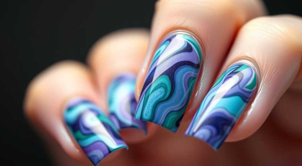 Unhas marmorizadas em diferentes cores Mão feminina exibindo marble nails vibrantes com técnica de nail art sofisticada em tons de azul, roxo, verde e branco. As unhas apresentam efeito marmorizado fluido com padrões orgânicos que se assemelham a ondas de água ou pedras preciosas. Cada unha de mármore possui design único com veios irregulares e transições suaves entre as cores, criando movimento visual dinâmico. O acabamento glossy das marble nails realça a profundidade das tonalidades, enquanto os padrões abstratos formam composições artísticas que variam de unha para unha. A técnica de marmorização cria texturas fluidas que imitam materiais naturais como ágata ou quartzo.