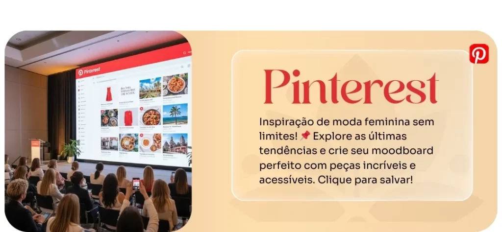 Um banner digital em dois painéis. À esquerda, uma sala de apresentação com várias pessoas sentadas em cadeiras, de costas para a câmera, assistindo a uma grande tela. Na tela, o site Pinterest é exibido, mostrando diversas imagens de moda e estilo. No painel da direita, um fundo bege com a palavra "Pinterest" em letras grandes e vermelhas, e o logo da rede social no canto superior direito. Abaixo, o texto em português: "Inspiração de moda feminina sem limites! Explore as últimas tendências e crie seu moodboard perfeito com peças incríveis e acessíveis. Clique para salvar!". A imagem representa a promoção do Pinterest como uma ferramenta de inspiração para a moda feminina.